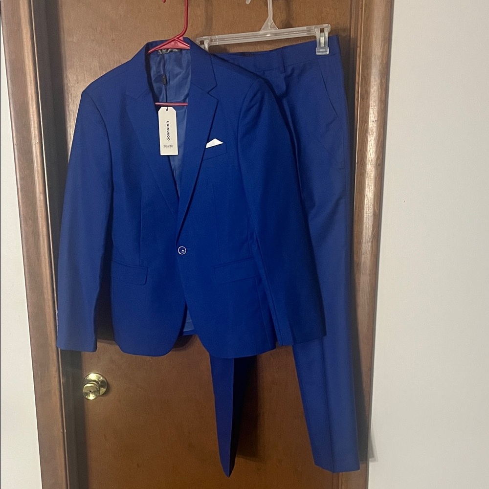 UNINUKOO Men’s Slim Fit Royal Blue 2-Piece Suit Blazer & Pants Size 30